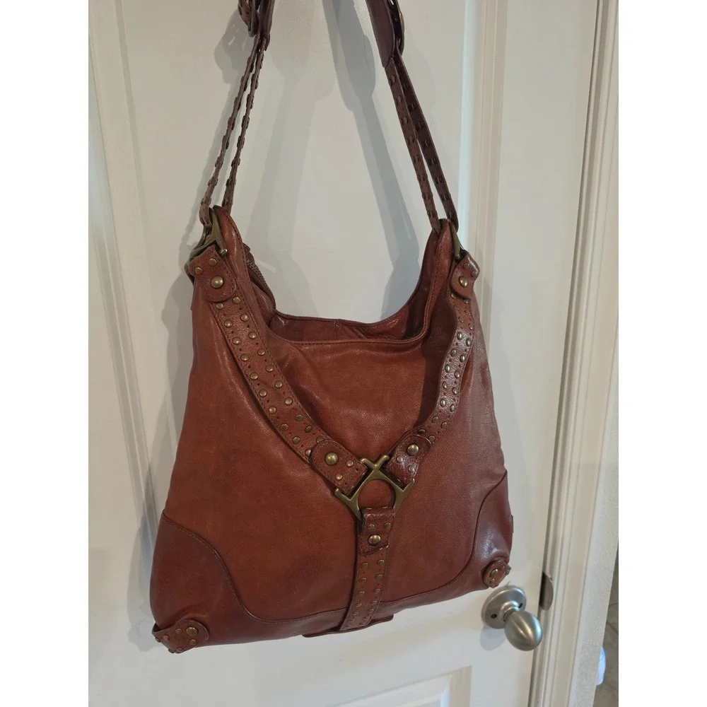 Koba Cognac Brown Leather Studded Hobo Shoulder Bag Brass Hardware Boho